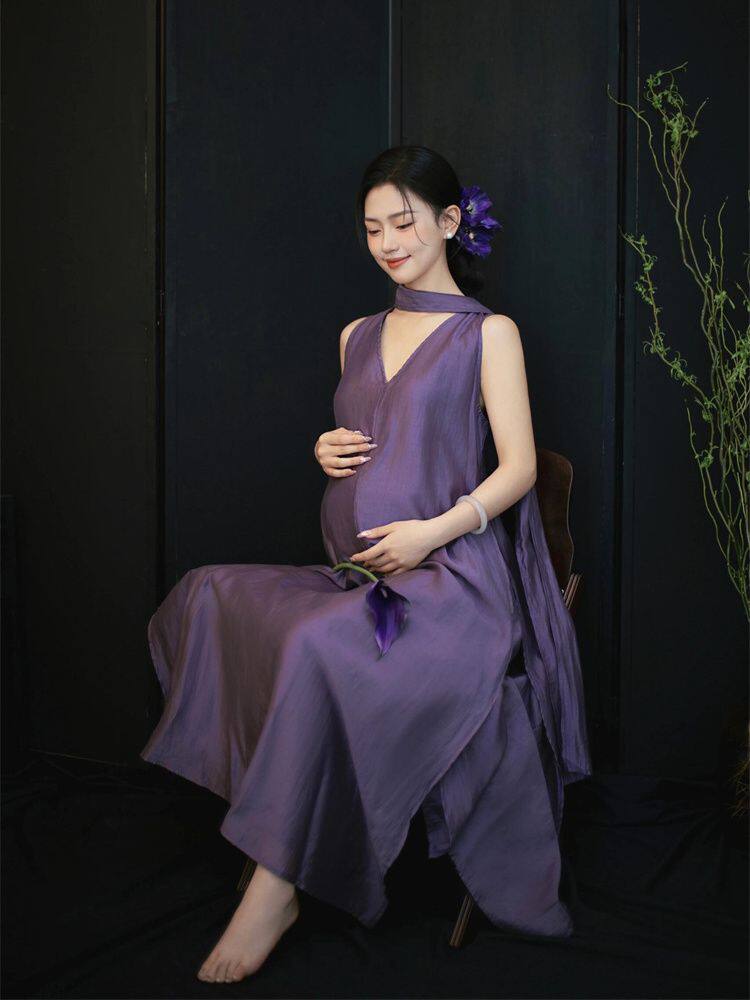 Костюм для детских фотосессий 蝶夏尔照相馆新款简约孕妇拍照服装纯欲高级感紫色洋装孕妈咪