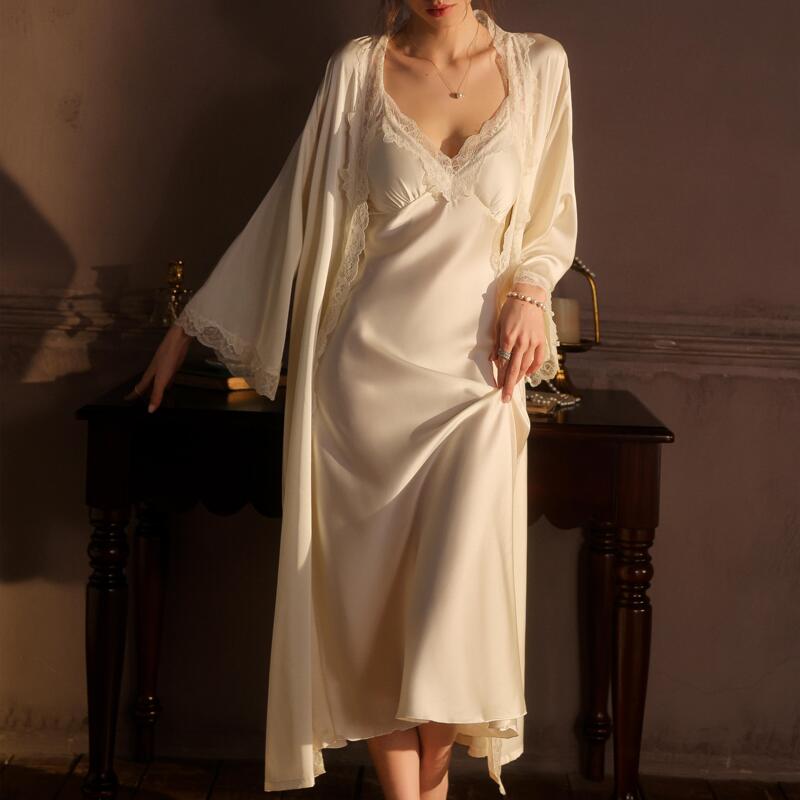 Slp Two-Piece Set with Padded Camisole Nightgown, Sexy Long Silk Nightgown, Dressing Gown, Loungewear Set