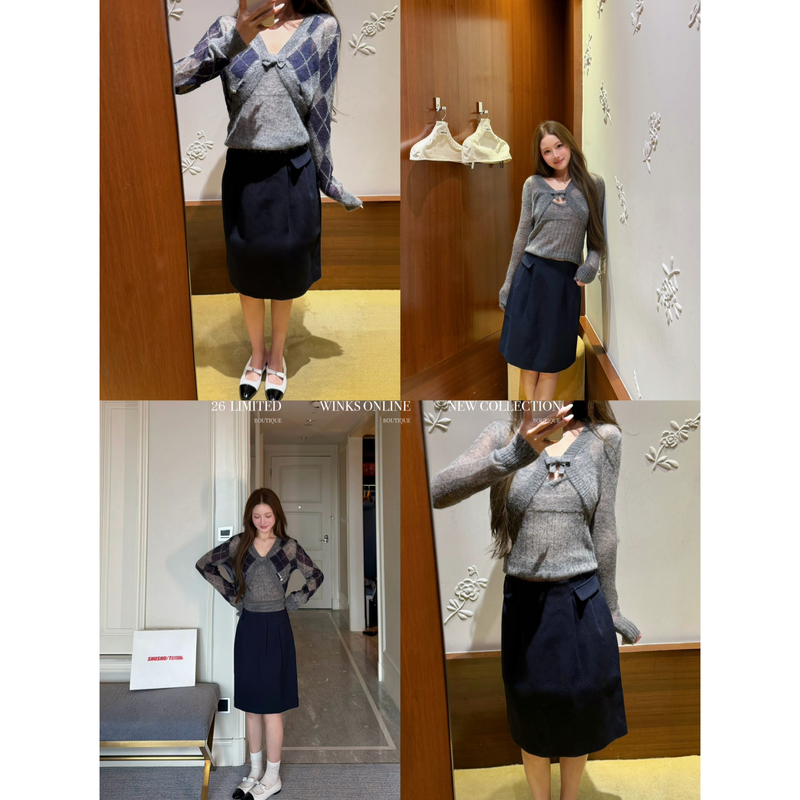 9/27 Sst Matching Yarn) 2026 Autumn and Winter Color-Blocked Argyle Mohair Wool Knit Two-Piece Set Top
