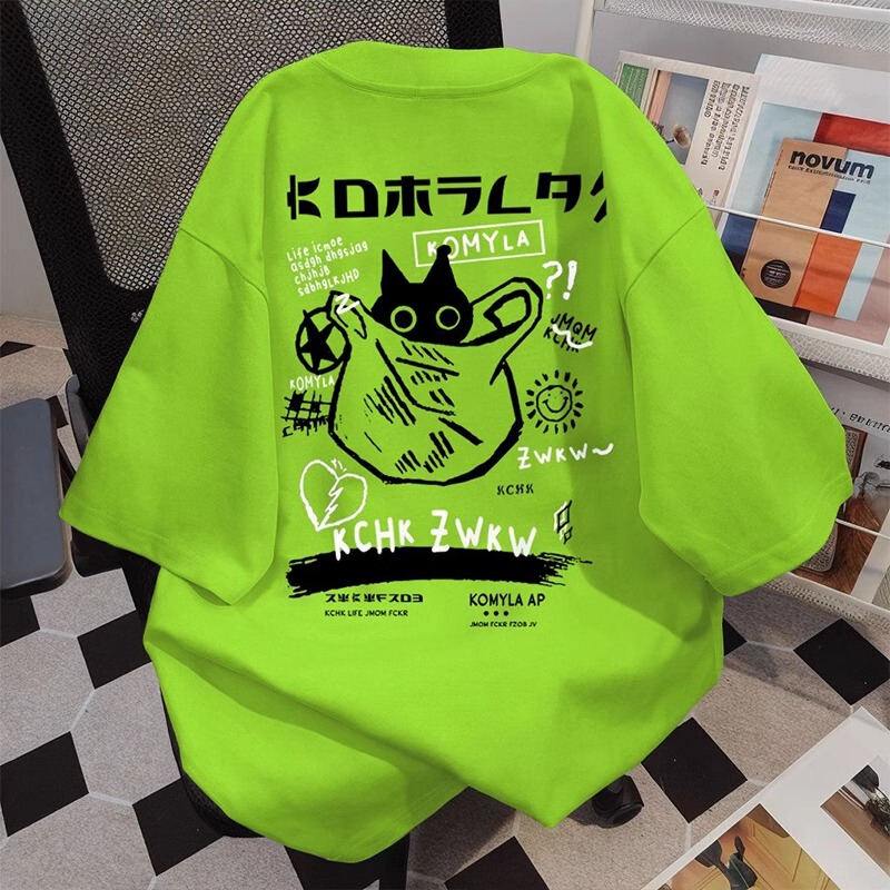 Plus Size 150kg Summer Dopamine Fluorescent Green Pure Cotton Short-Sleeved T-Shirt for Men and Women Summer New Cartoon Couple Tops