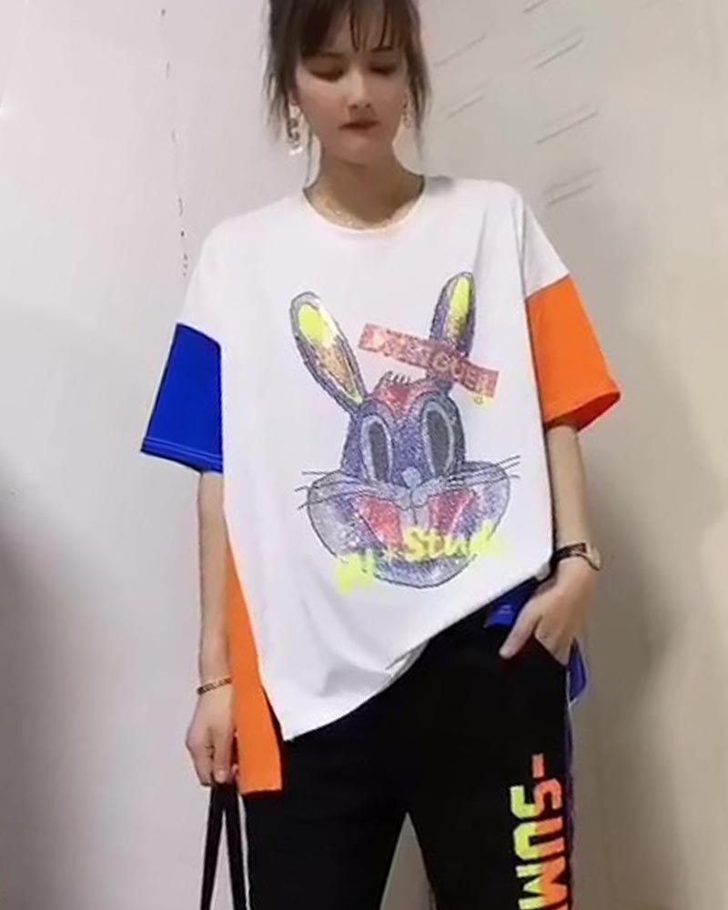 WhiteEuropean station original heavy industry Hot drilling Bugs Bunny Color contrast Crew neck Big size pure cotton T-shirt Show thin QJB Chaopai jacket female