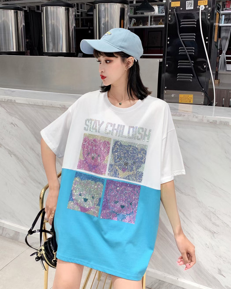 BlueEuropean station Medium and long term Half sleeve heavy industry Hot drilling Bear letter Hemp cotton jacket Spring and summer new pattern easy ma'am T-shirt