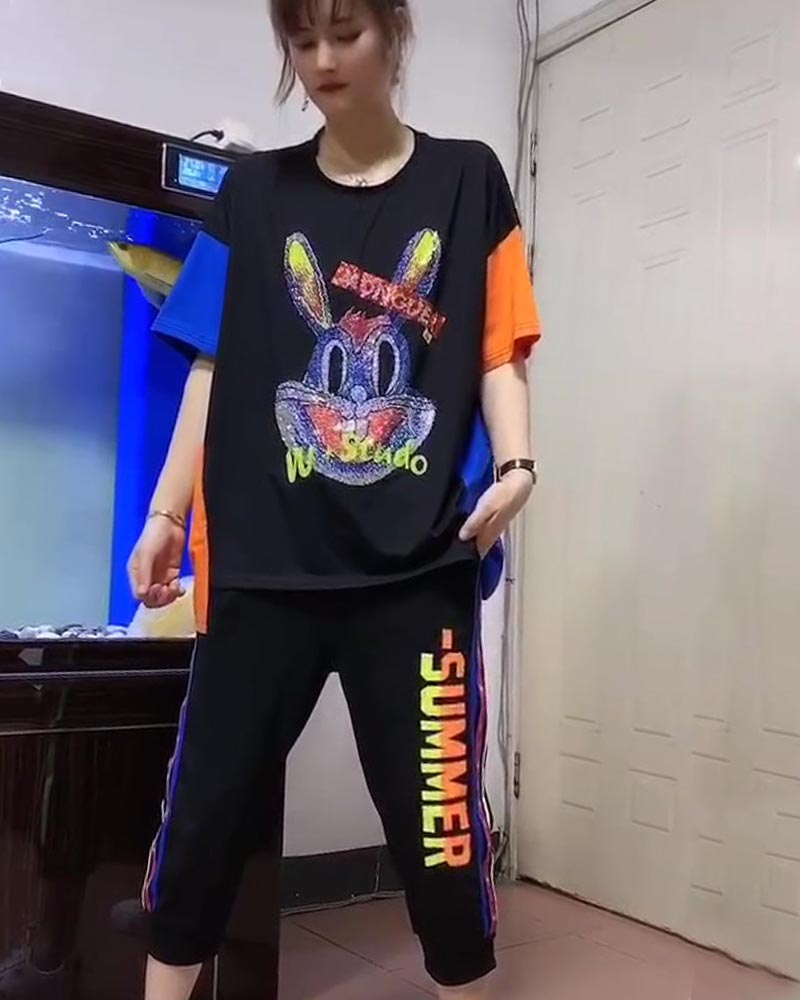 BlackEuropean station original heavy industry Hot drilling Bugs Bunny Color contrast Crew neck Big size pure cotton T-shirt Show thin QJB Chaopai jacket female