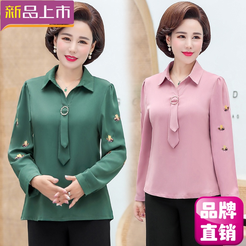 Autumn 40 middle-aged woman simple mother dress 5O years old 6O fat and short wearing a shirt, long-sleeved top, called inch shirt