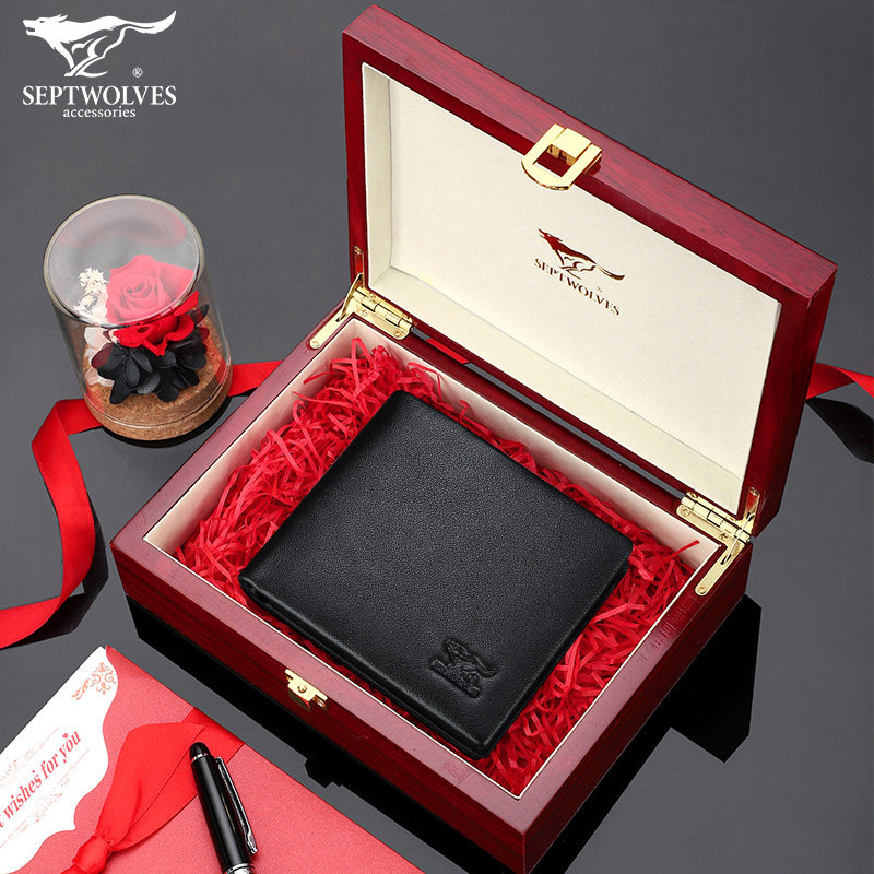Seven wolves wallets men's thin square genuine leather short money clip minimalist designer Niu leather men's bag with new screens