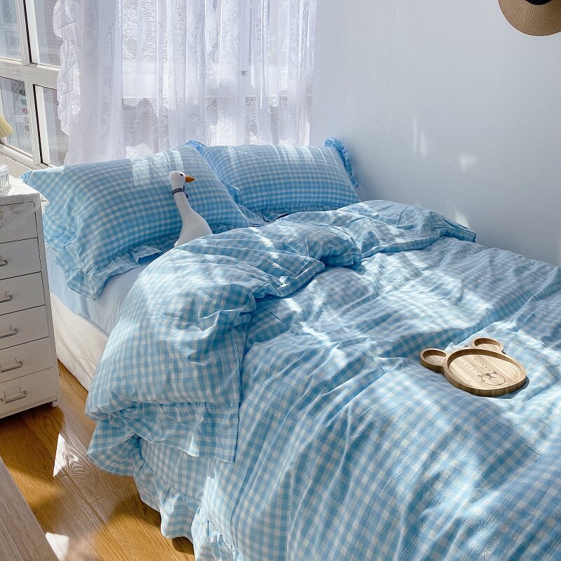 (Luhe) Fairy air fluttering ~ins plaid lace cotton yarn-dyed washed cotton four-piece set of pure cotton 2 0 bedding
