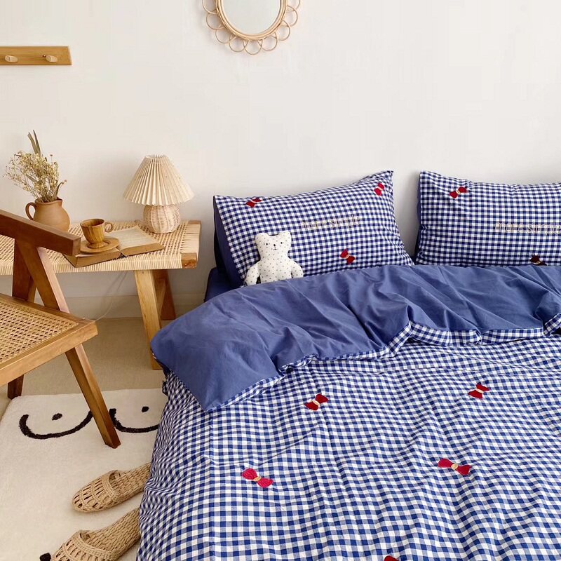 ins grid control color weave all cotton washed cotton embroidered butterfly knot four pieces cover retro pure cotton linen quilt cover 3 pieces