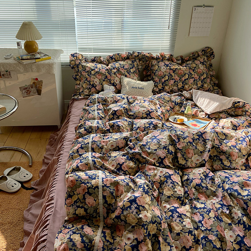 (Deer) Earthly Desert Rose ~ Retro Oil Painting Sensation style Rose full cotton bed skirt with four pieces of pure cotton quilt cover