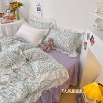 (Deer) Korean family Retro Crushed Flowers Pure Cotton Bed Supplies Teenage Girl Lace Lace bed Skirt All Cotton Four Sets