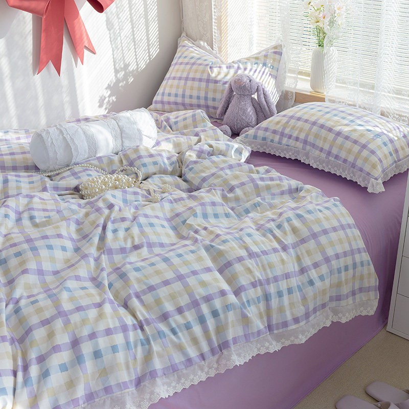 (Deer) Taro Clay Purple Lattice Delicacy Lace Florian Lace Full Cotton Four Sets Young Girl Hearts Macaron Pure Cotton Bed