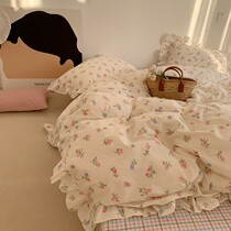 (Deer) Like your gentle look) Teenage Hearts Broken Flowers Lotus Leaf Side Full Cotton Four Pieces Of Pure Cotton Quilt Cover