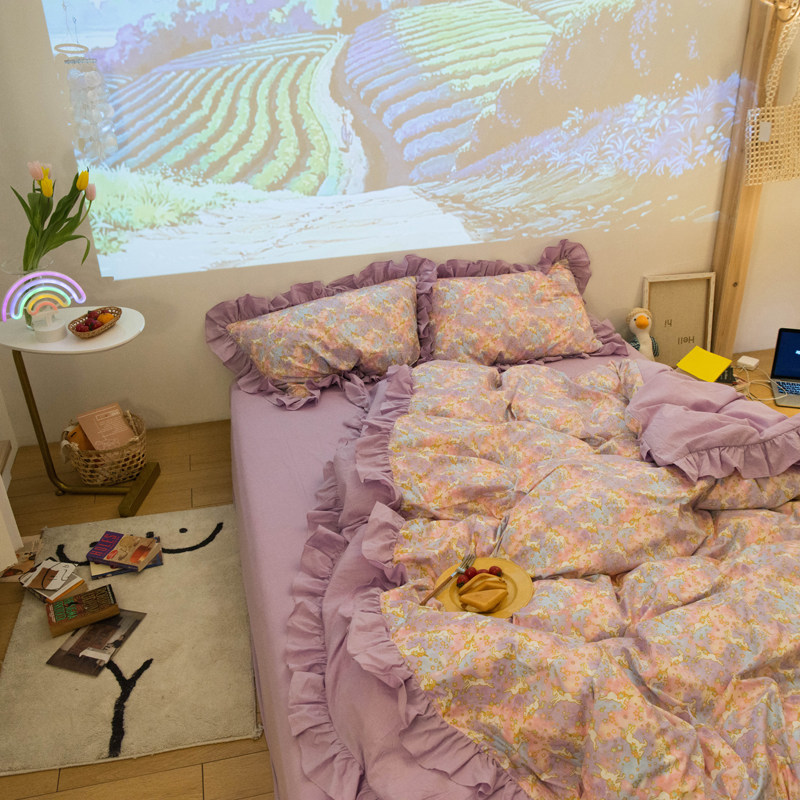 Beauty fried -- dream unicorn bronzed gold color pure cotton four pieces double layer of lotus leaf side romantic purple bed bedding-Taobao