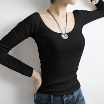 Big round neck double U black base shirt women long sleeve solid white T-shirt Slim cotton autumn winter thread shirt slim thin