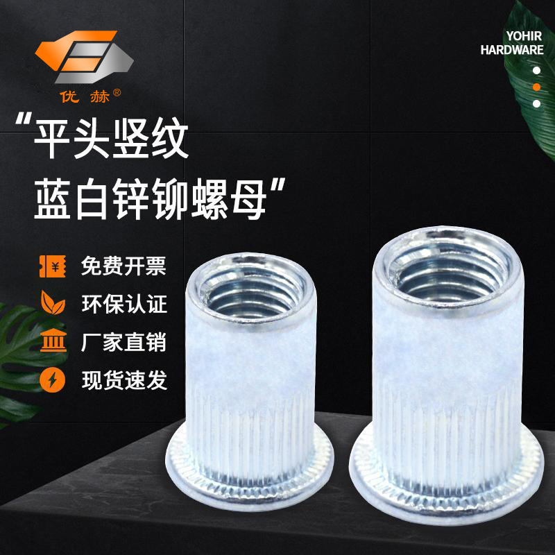 Large side vertical stripe pull riveting nut through hole iron galvanized flat head rollaway nut carbon steel riveted pull riveting nut environmentally friendly