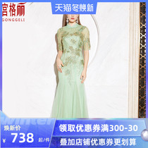 Mom summer dress elegant shoulder yarn design banquet improvement cheongsam dress retro temperament Noble slim