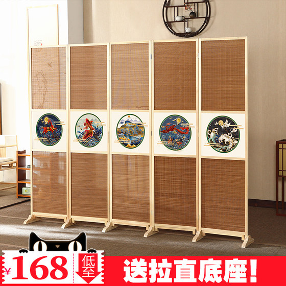 High-end screen mobile folding screen partition solid wood bamboo screen pastoral flower and bird simple living room bedroom entrance Chinese style