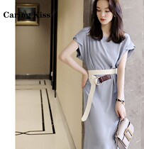Caring Kiss design to the upper atmosphere Coloured belt Hem Sleeves Lime Blue Pituality Pure Color Tandem Dress