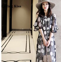 Carling Kiss2020 new fluttering dandelion printed tailoring true silk small dew shoulder tightness waist one-piece dress