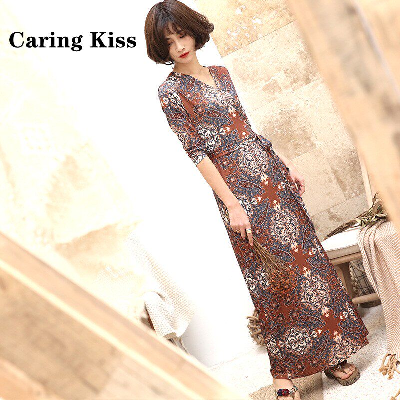 Carling Kiss2020 Summer new crummy wrapped body dress V collar long style slim temperament one-piece dress