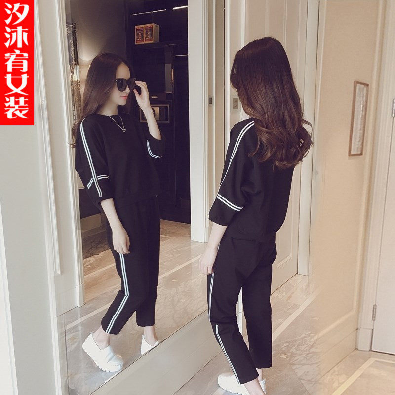 运动套装女春夏季2018韩版学生姐妹时尚宽松中袖九分裤休闲两件套