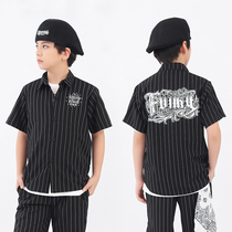 Children Street Dance Shirt Boy Fried Street Flowers Lining Summer Short Sleeve Half Sleeve Port Wind Clothes Cool Handsome Boy Striped Blouse