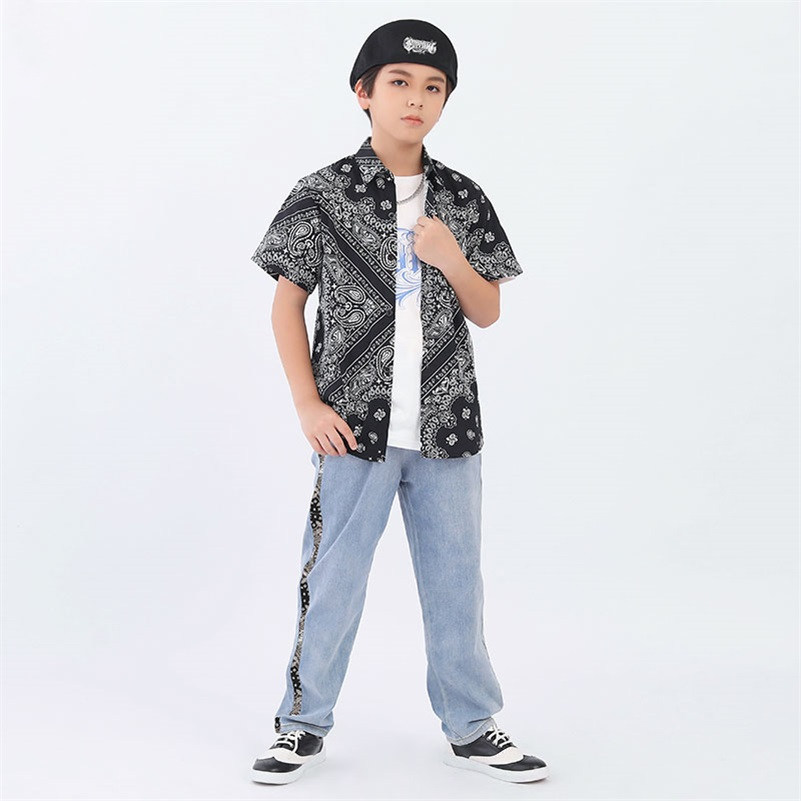 Popping children's hip-hop fried street t-shirt shirt summer short-sleeved boy floral suit tide brand