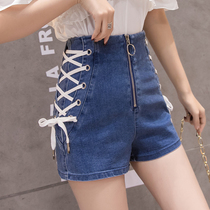 Net red 2019 new Korean version lace-up denim shorts womens high waist stretch slim fit skinny wide leg hot pants tide