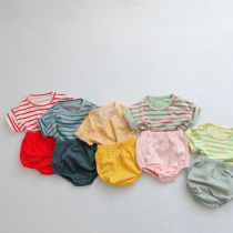 INS2021 summer new Korean same baby striped short sleeve set men and women baby T-shirt shorts two-piece set