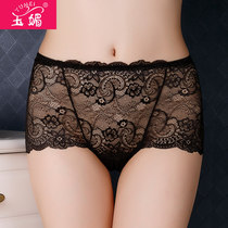 Yumei underwear girl sexy lace mesh gauze Hollow hot high waist cotton file ultra-thin large size plus fat mm belly
