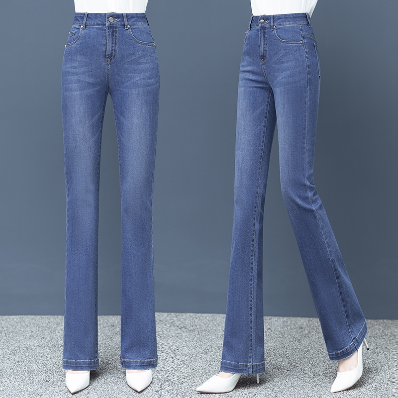 High-End Summer Thin Pure Cotton Soft Denim Flared Pants for Women, Loose High-Waisted Slimming Straight-Leg Bell-Bottom Pants