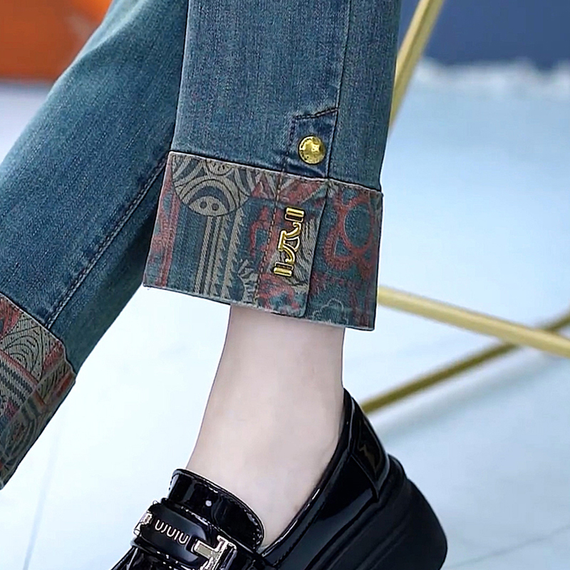 High-End Spring and Autumn Cropped Cigarette Pants for Women, Blue Jeans, New Fashion Retro Chinese Style Color-Blocking Straight Pants