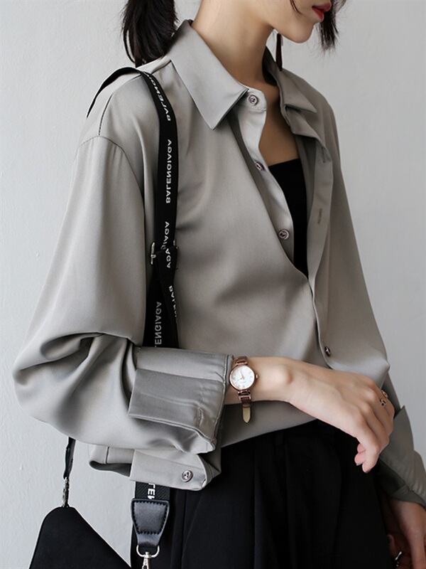 Acetate Satin Shirt for Women, Spring and Autumn, High-End, Light Luxury, Gray, Regular Shoulder Top, Office Drape, Commuting Shirt