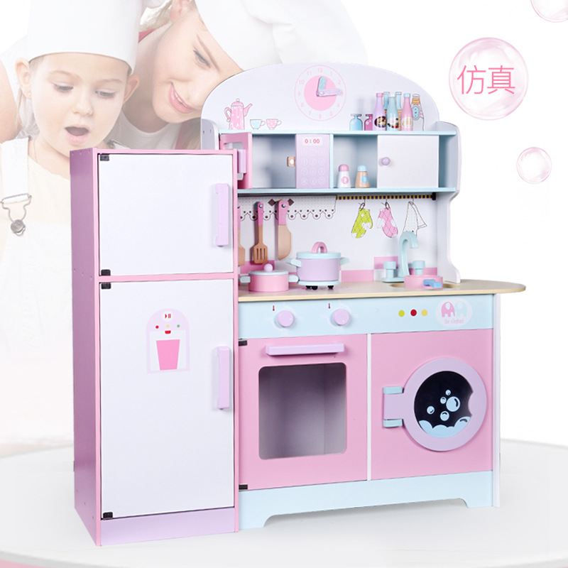 Children's wooden large simulation kitchen stove refrigerator girl play house cooking wooden kindergarten toys