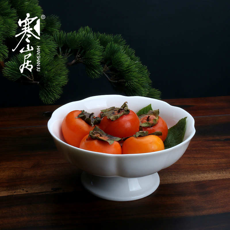 Handmade jade white porcelain fruit plate High foot size plate Ceramic household snack plate Retro dinner plate Snack plate