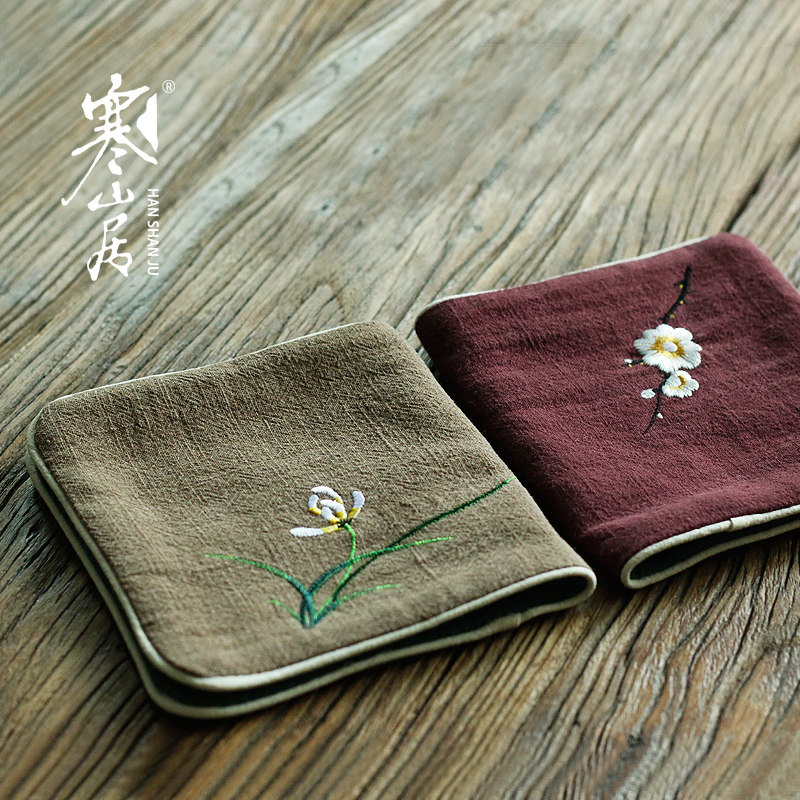 Hanshanju hand-embroidered plum cotton linen tea towel absorbent thickened tea cloth embroidered orchid towel tea ceremony accessories