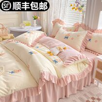 ins wind pure color bed skirt four pieces all cotton quilts covered with princess wind nude sleep pure cotton bed girl little clear new seasons