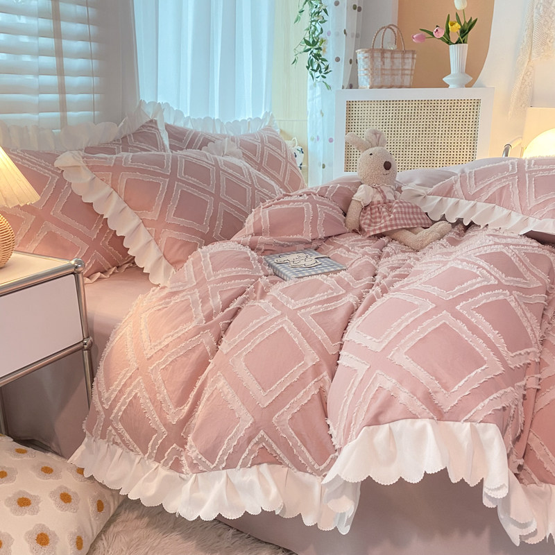 Korean Version Teenage Girl Full Cotton Four Sets Princess Wind Pure Cotton Quilt Cover Lace Embroidered Bed Bedding Dorms Naked Sleep
