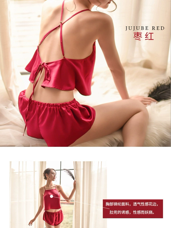 Sexy tạp dề nữ mùa xuân và mùa thu mới đồ ngủ gợi cảm thiết lập quan điểm siêu mỏng nóng đỏ lửa cung đỏ yếm ngủ ren xuyên thấu