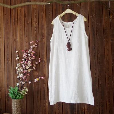 Artistic cotton and linen dress, summer thin sleeveless base vest dress, mid-length dress, petite slimming dress for women