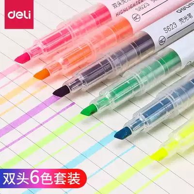 Delei student fluorescent marker candy color double-headed light color pen set of 6-color pen hand account pen Flash Pen single-character pen rough key set marker pen color student fluorescent pen
