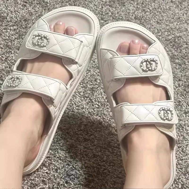 2026 Summer New Velcro Slippers Open-Toe Chanel Style Roman Beach Genuine Leather Sandals Fairy Style Slippers