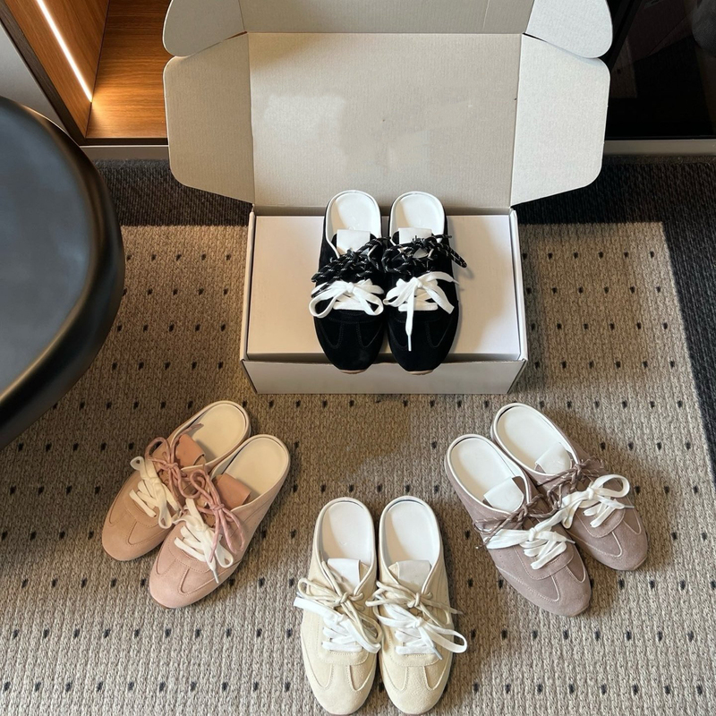 Jisoo Style Half-Slip Casual Lace-Up Sneakers Flat Closed-Toe Slippers Genuine Leather 2026 New German Training Shoes for Women