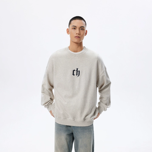 [Тот же стиль в торговых центрах] CHINISM фиолетовый с круглым вырезом из плотного хлопка, мужской классический пуловер в американском стиле ретро