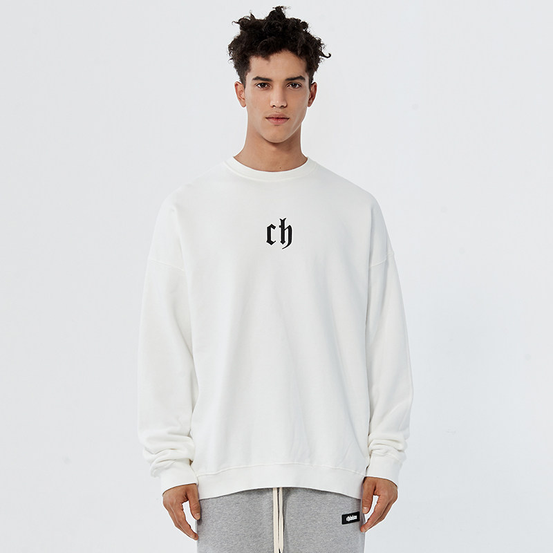 CHINISM CH white sweater men's fashion brand ins loose trend round neck pullover national tide couple spring and autumn models