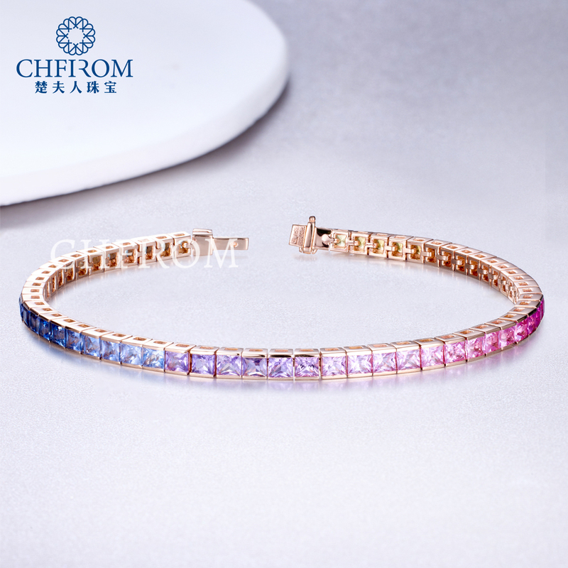 Mrs. Chu's 18K Rose Gold Rainbow Bracelet, Gradient Natural Sapphire Bracelet with Full Circle of Colorful Sapphires, Light Luxury, in Stock