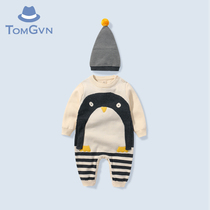  Tomgvn male baby newborn autumn and winter penguin double-layer knitted romper suit baby one-piece clothes go out climbing clothes