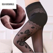 Autumn and winter plus velvet thickened printed mesh gauze fake meat leggings large size high waist pantyhose outside wearing warm cotton pants women