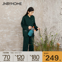 JNBYHOME Jiangnan cloth autumn home clothing pajamas set Japanese cotton simple cardigan shape nightgown