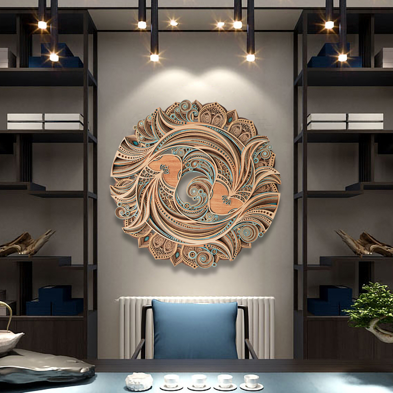 Ladder Wood Carving New Chinese Style Round Wall Decoration Living Room Background Wall Decoration Wall Hanging Restaurant Three-Dimensional Decorative Painting