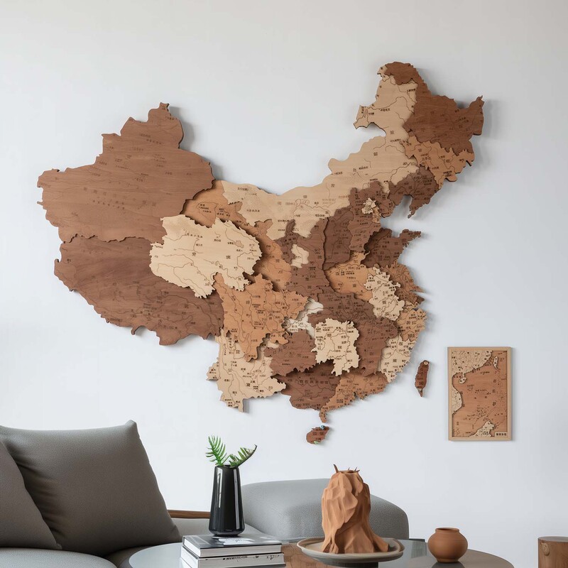 Ladder Wood Carving Wooden Creative Map China Wall Decoration 3D Stereo Decorative Painting Simple Creative Hanging Painting Wall Decoration